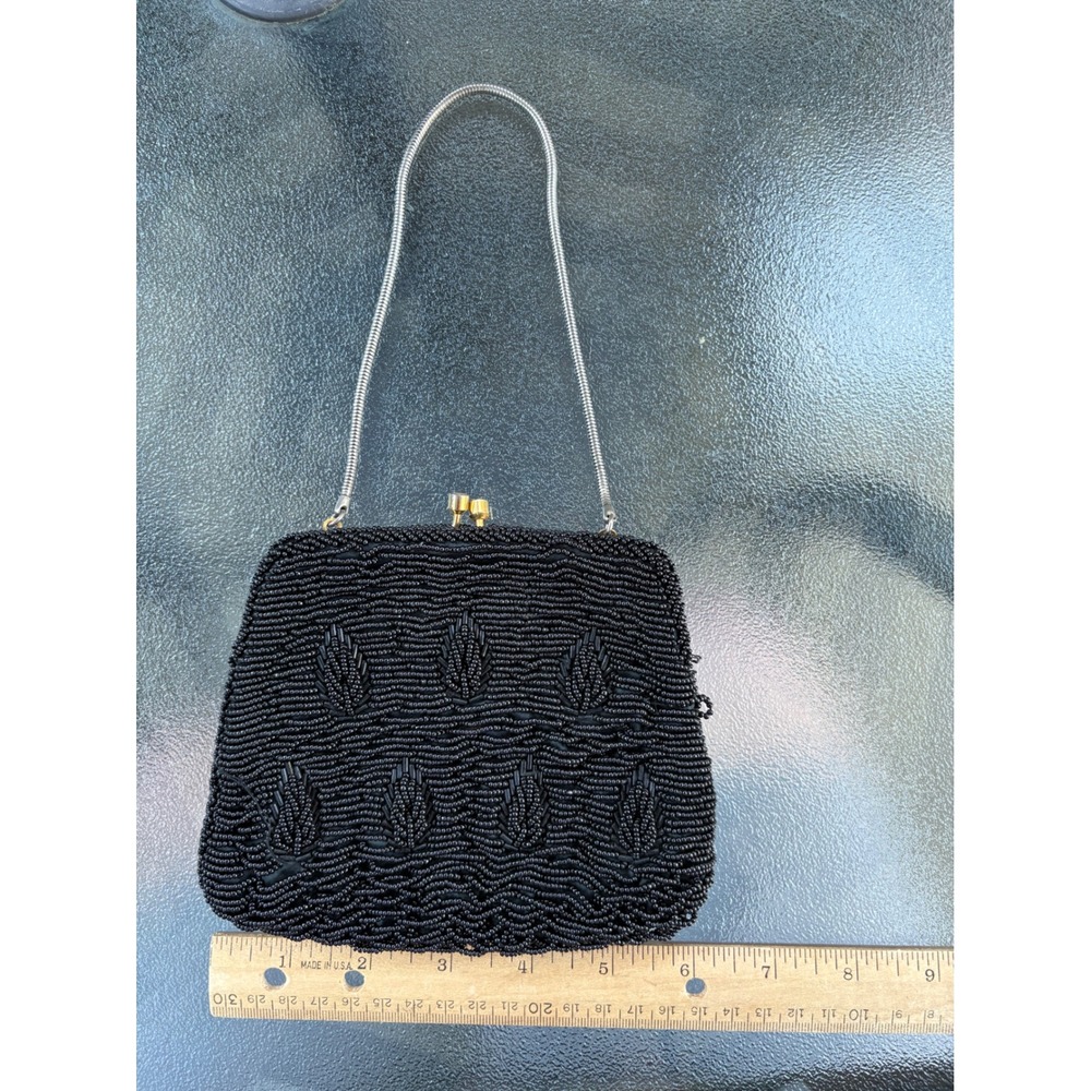 Vintage Winkelman's Black Beaded Evening Bag Kiss Lock Clutch Hong Kong Made - Picture 4 of 8